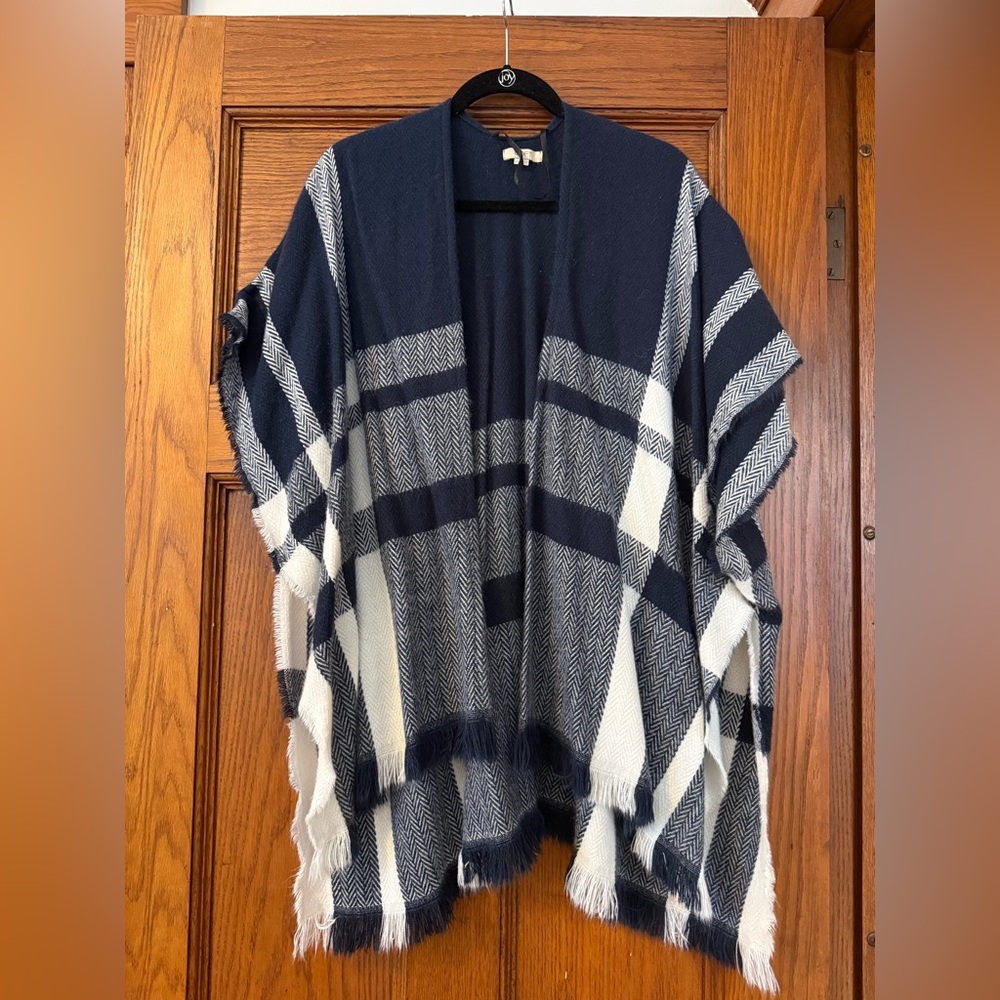 Navy and White Plaid Poncho Open Sweater